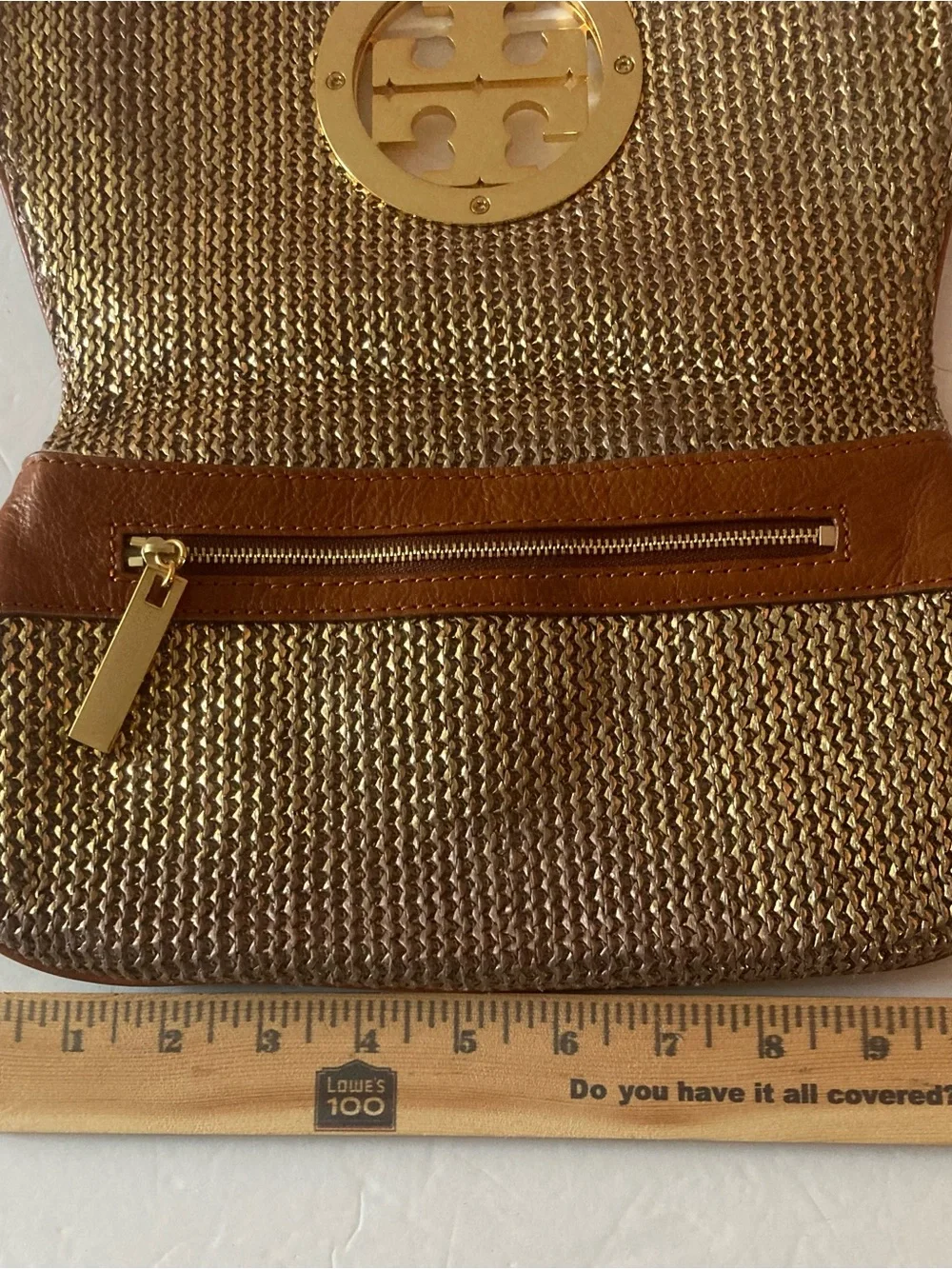 Tory Burch Brown/Gold Woven metallic body,fold over Clutch with big Gold Emblem